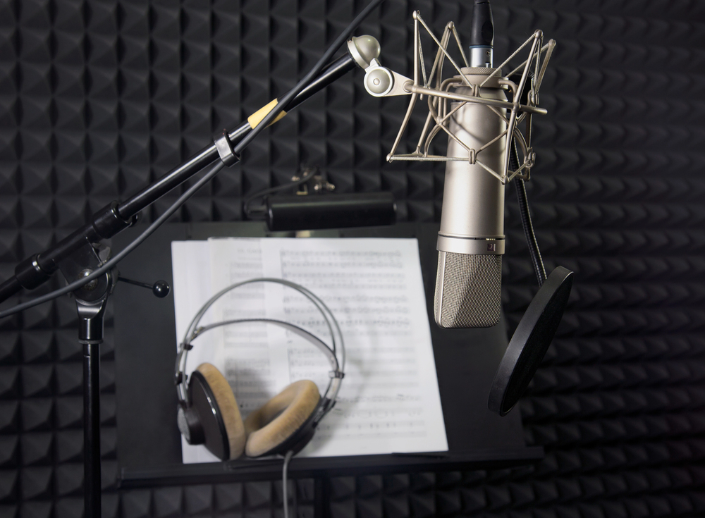 Intervista a un musicista seduto con microfono